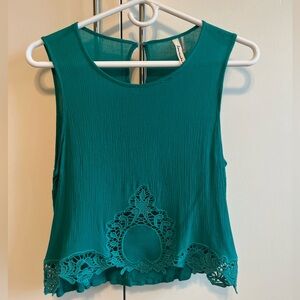 Teal Green Sleeveless Lace Trim Top